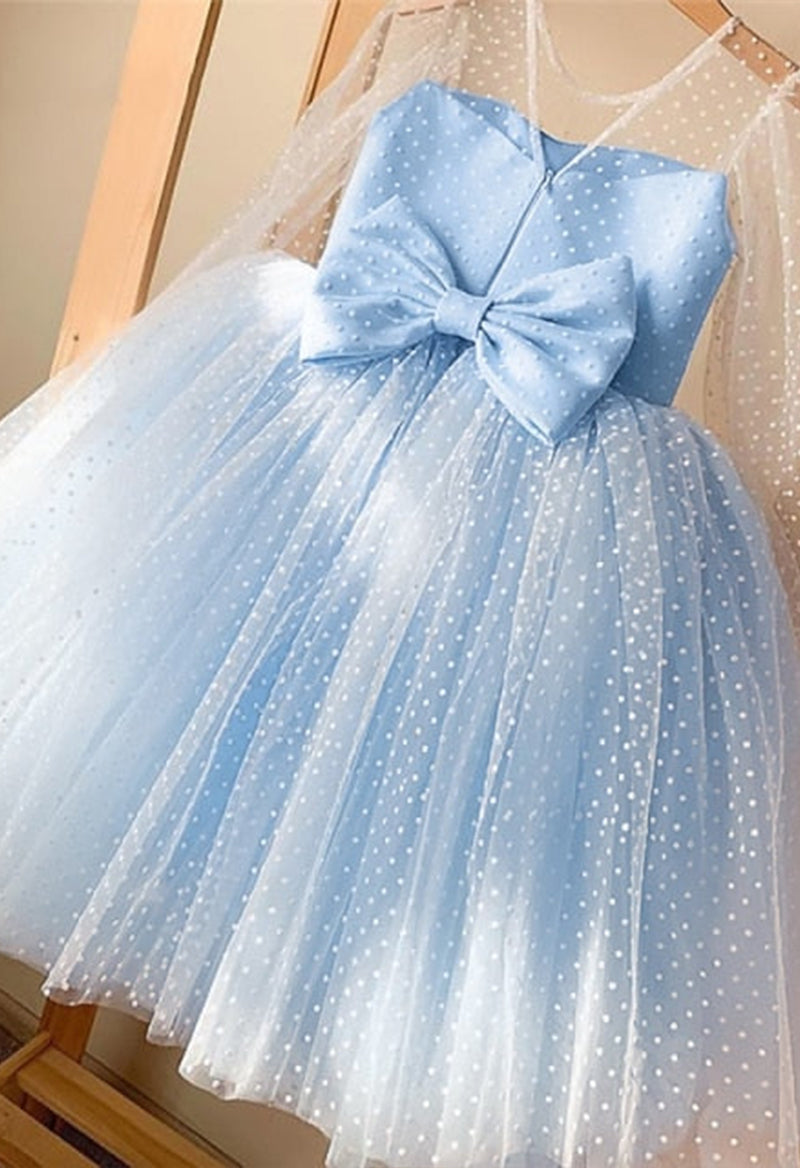 Scoop Neck Puff Sleeve Polka Dot Ball Gown Tea Length Flower Girl Dress