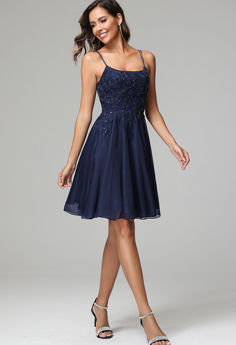 Spaghetti Straps Square Neck Tulle Appliqué Knee Length Sleeveless A Line Homecoming Dress Blue