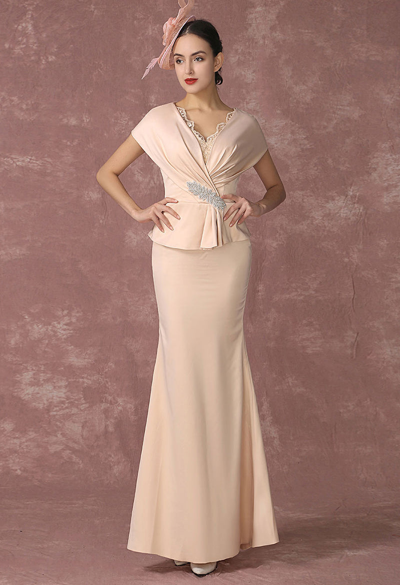 Mermaid Rhinestone Jewel Neck Short Sleeve Floor Length Mother Of The Bride Dress As Picture