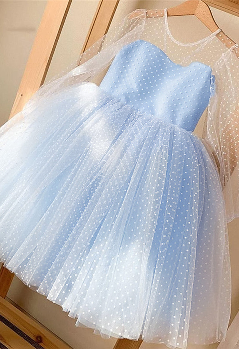 Scoop Neck Puff Sleeve Polka Dot Ball Gown Tea Length Flower Girl Dress Sky Blue