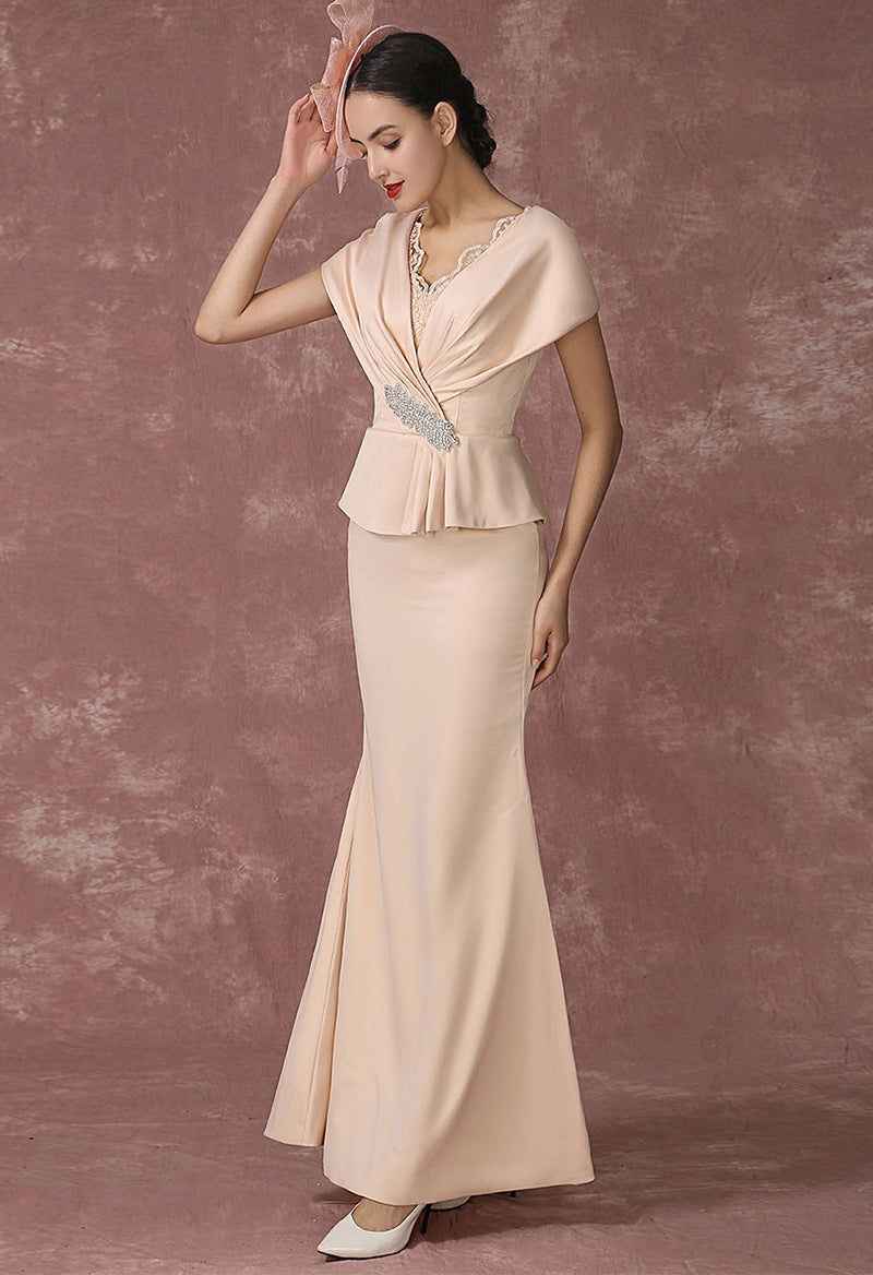 Mermaid Rhinestone Jewel Neck Short Sleeve Floor Length Mother Of The Bride Dress