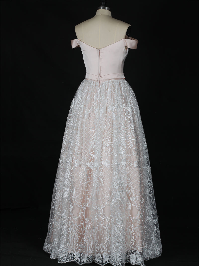 White Lace Off-the-Shoulder Prom Ball Gown