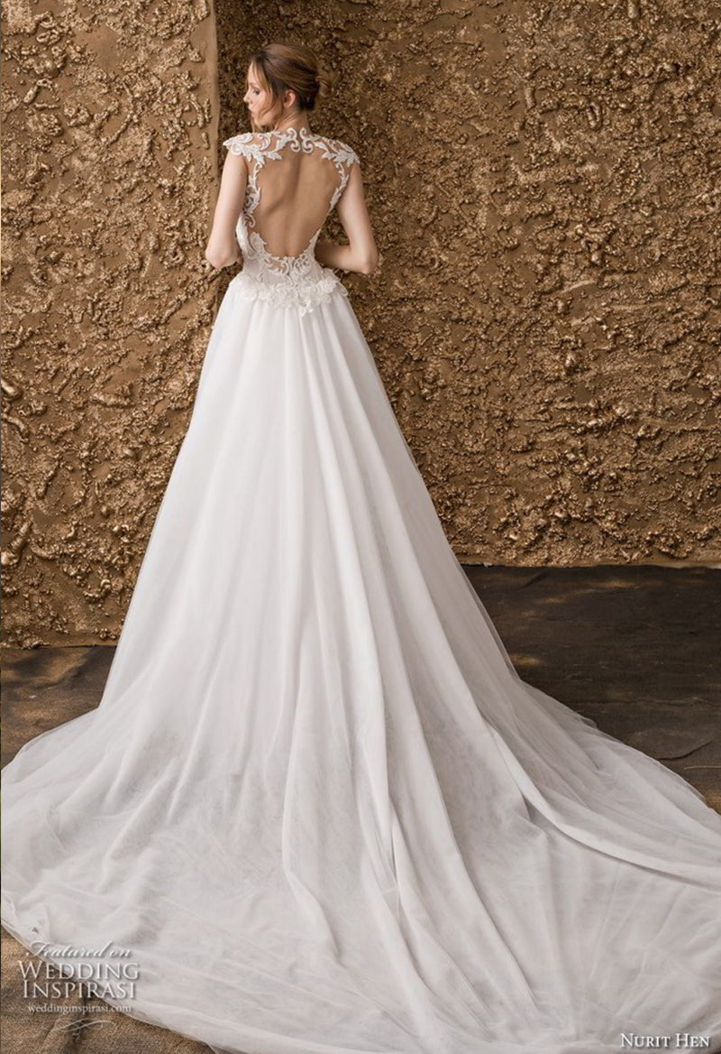 High Neck Cap Sleeve Appliqué Sheath Floor Length Wedding Dress With Overskirt