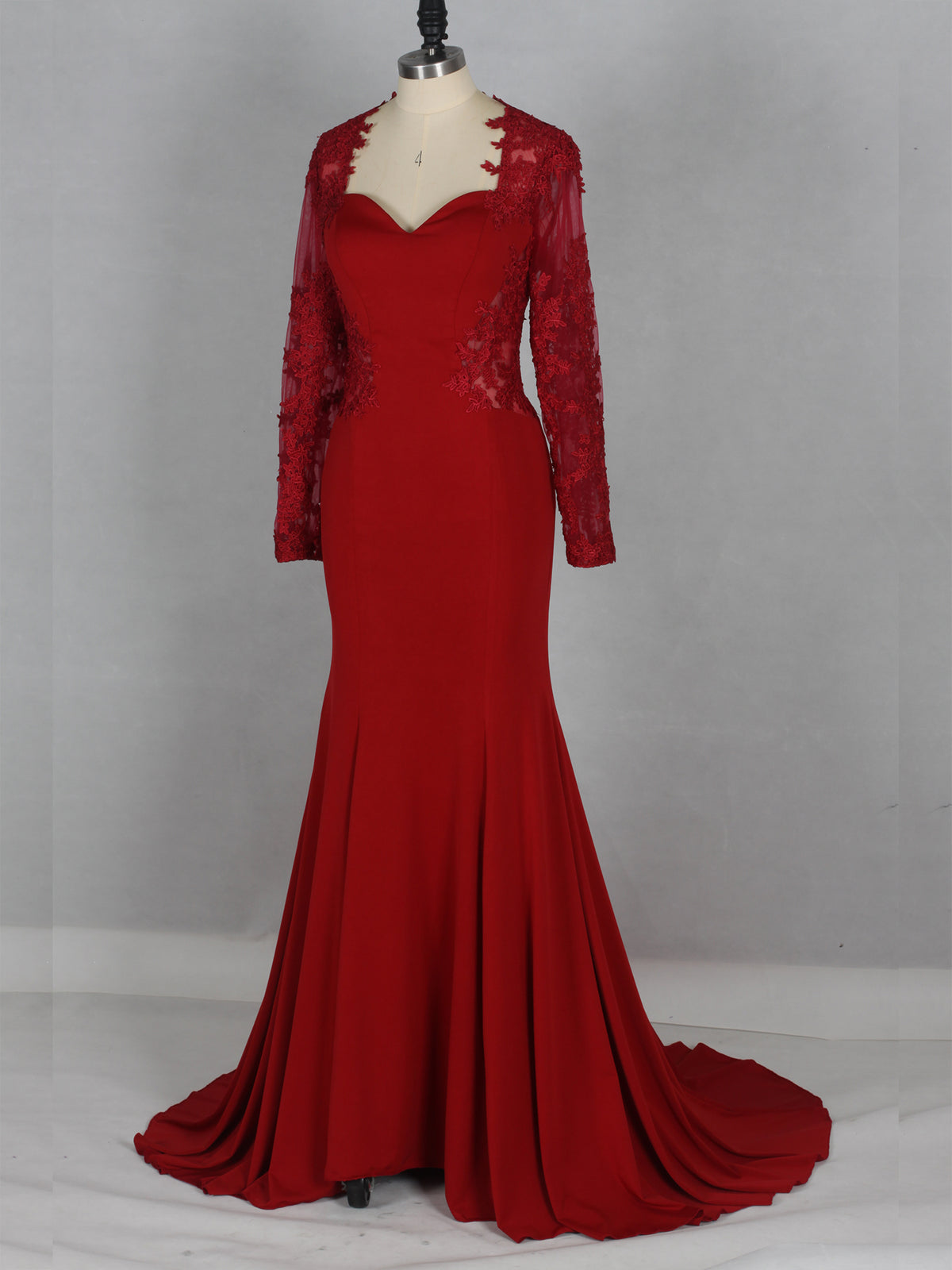 Burgundy Lace Long Sleeve Cowl Evening Dress As Picture