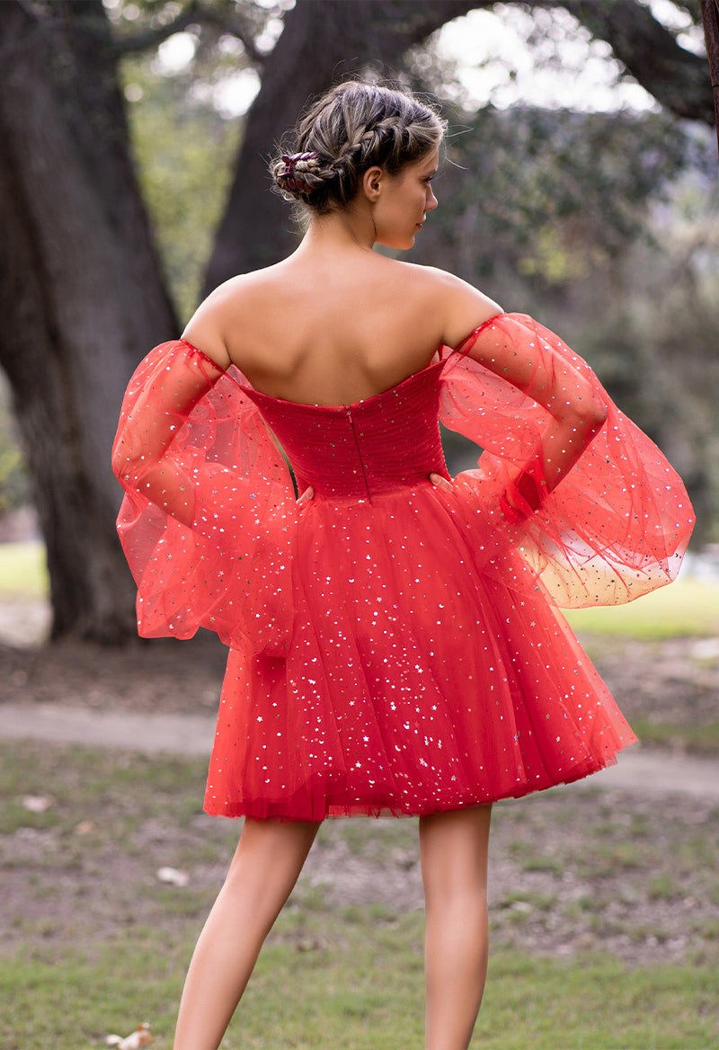 Sequined Tulle Puff Sleeves Off The Shoulder A Line Short Homecoming Dress