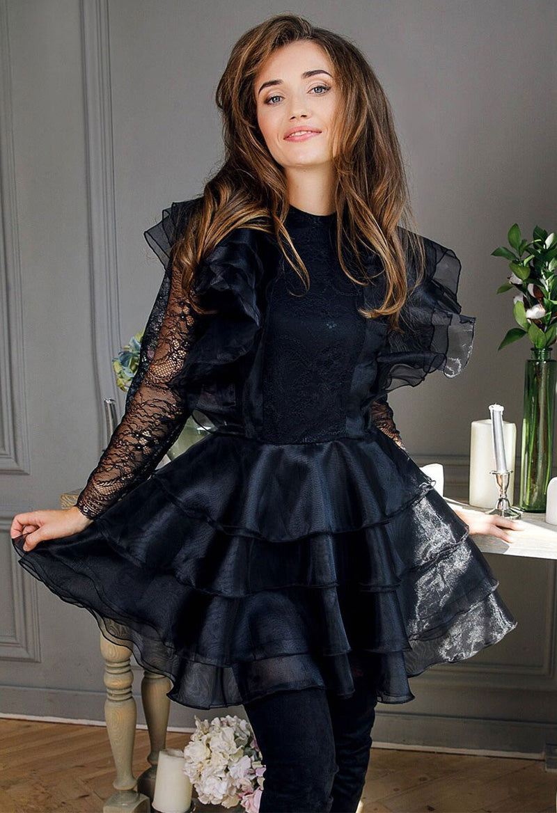 A Line High Neck Lace Long Ruffle Sleeve Tulle Short Wedding Dress Black