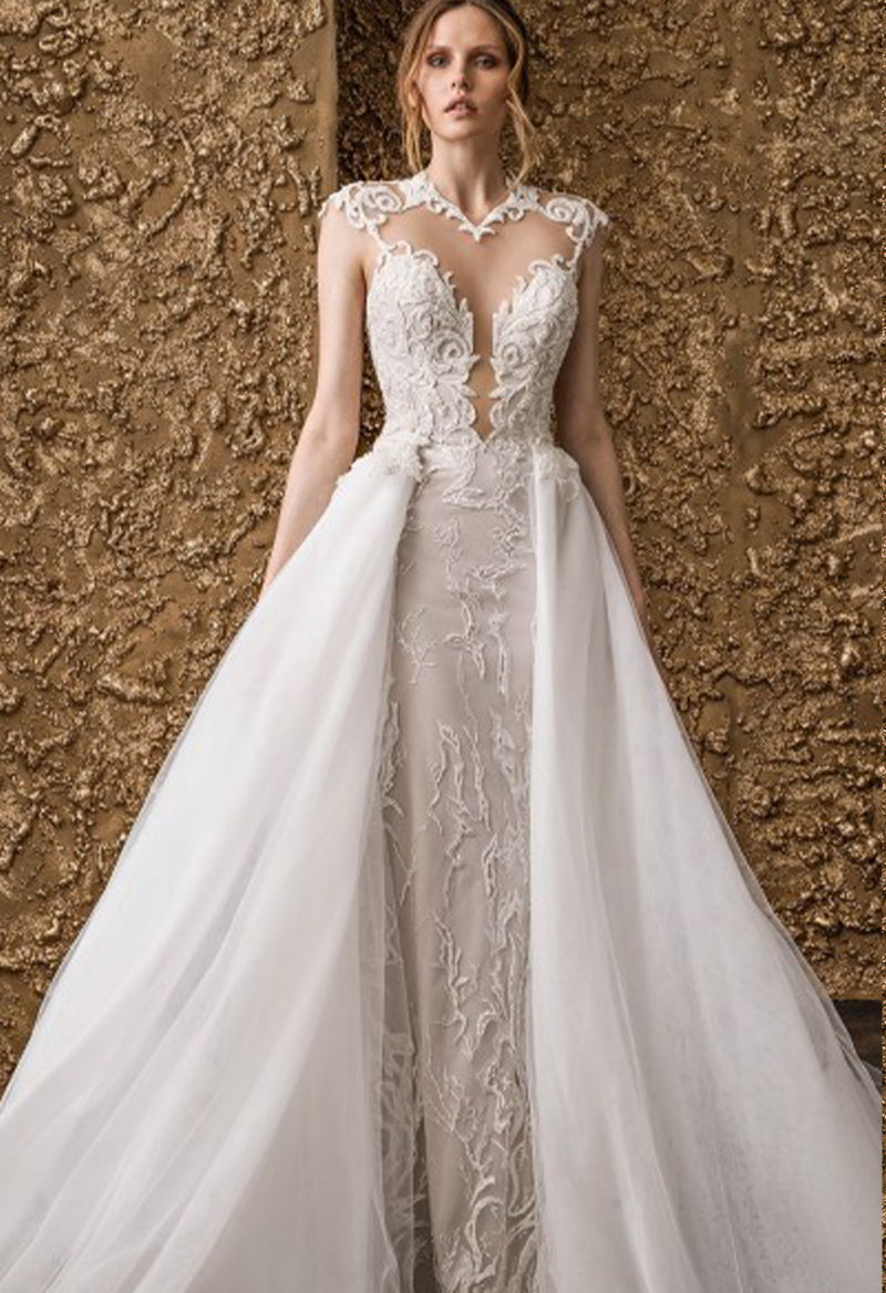 High Neck Cap Sleeve Appliqué Sheath Floor Length Wedding Dress With Overskirt As Picture