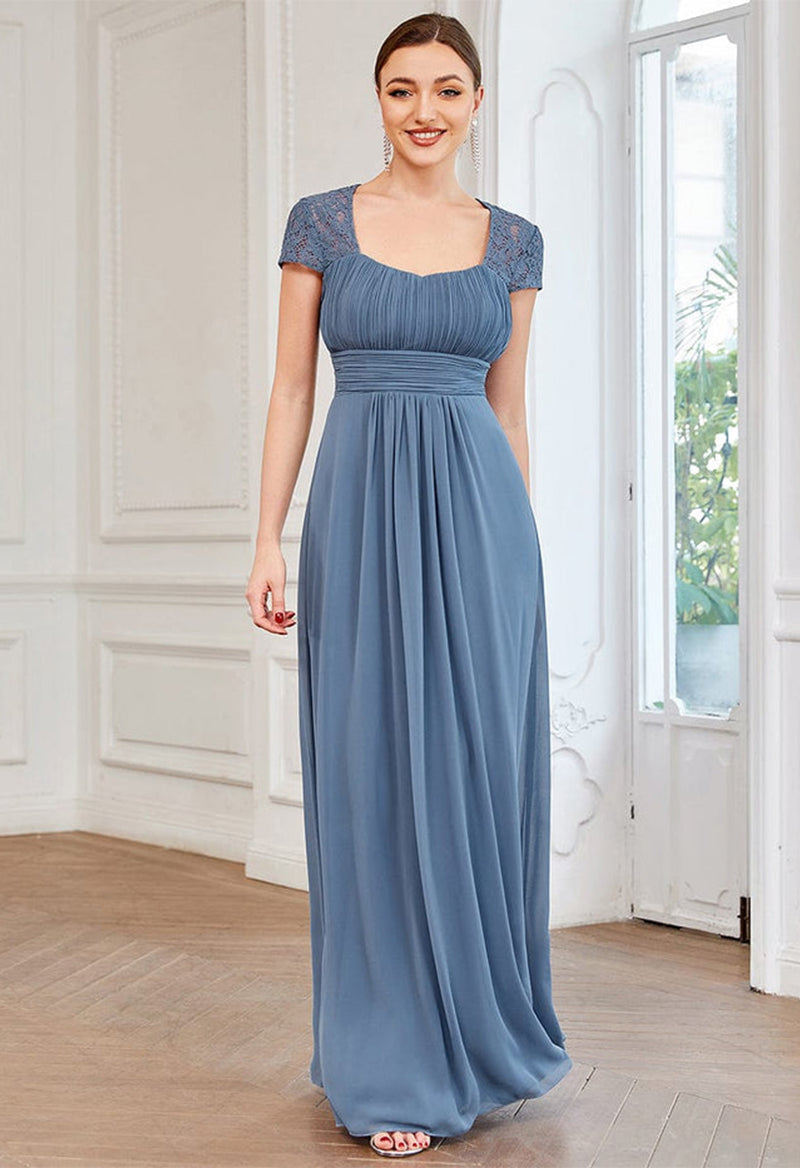 Square Neck Chiffon Pleated Short Sleeve Bridesmaid Dress As Picture