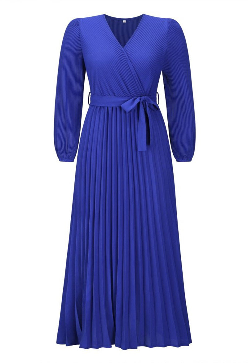 V-Neck Long Sleeve Pleated A Line Floor Length Dress