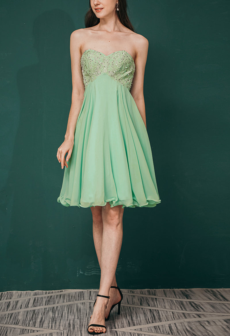 Sweetheart Neck Sequins A Line Knee Length Chiffon Prom Dress Green
