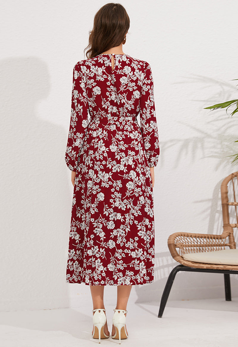 Scoop Neck Floral Bow Long Sleeve Ankle Length A Line Dress