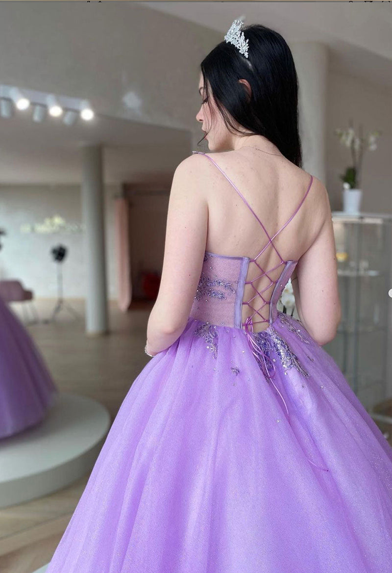 V-Neck Sequin Sparkly Tulle Sleeveless A Line Floor Length Prom Dress