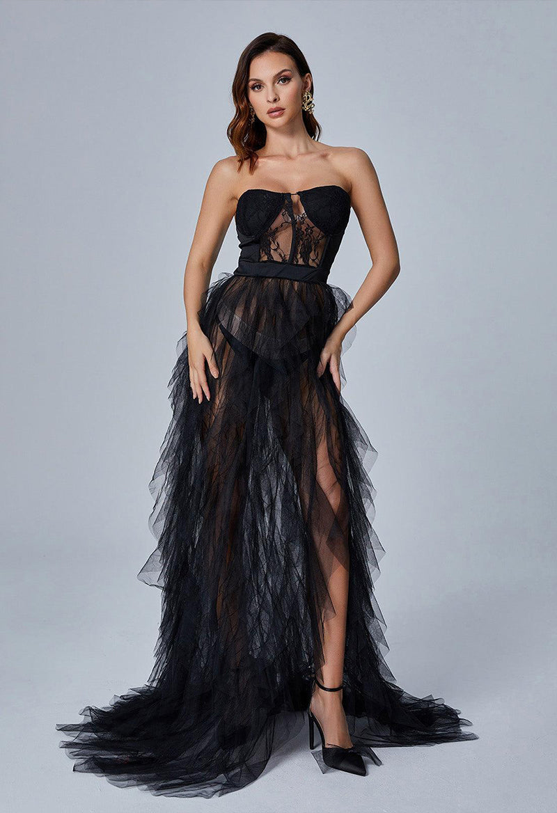 Strapless Sleeveless Sheer Tulle A Line Sweep Train Evening Dress As Picture