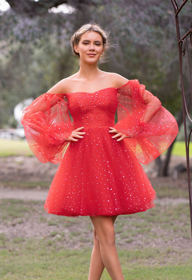 Sequined Tulle Puff Sleeves Off The Shoulder A Line Short Homecoming Dress As Picture