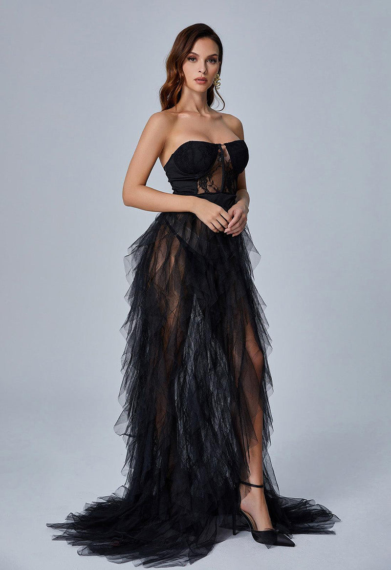 Strapless Sleeveless Sheer Tulle A Line Sweep Train Evening Dress