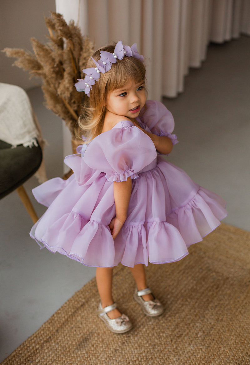 Square Neck Puff Sleeve Tulle Bow A Line Short Flower Girl Dress