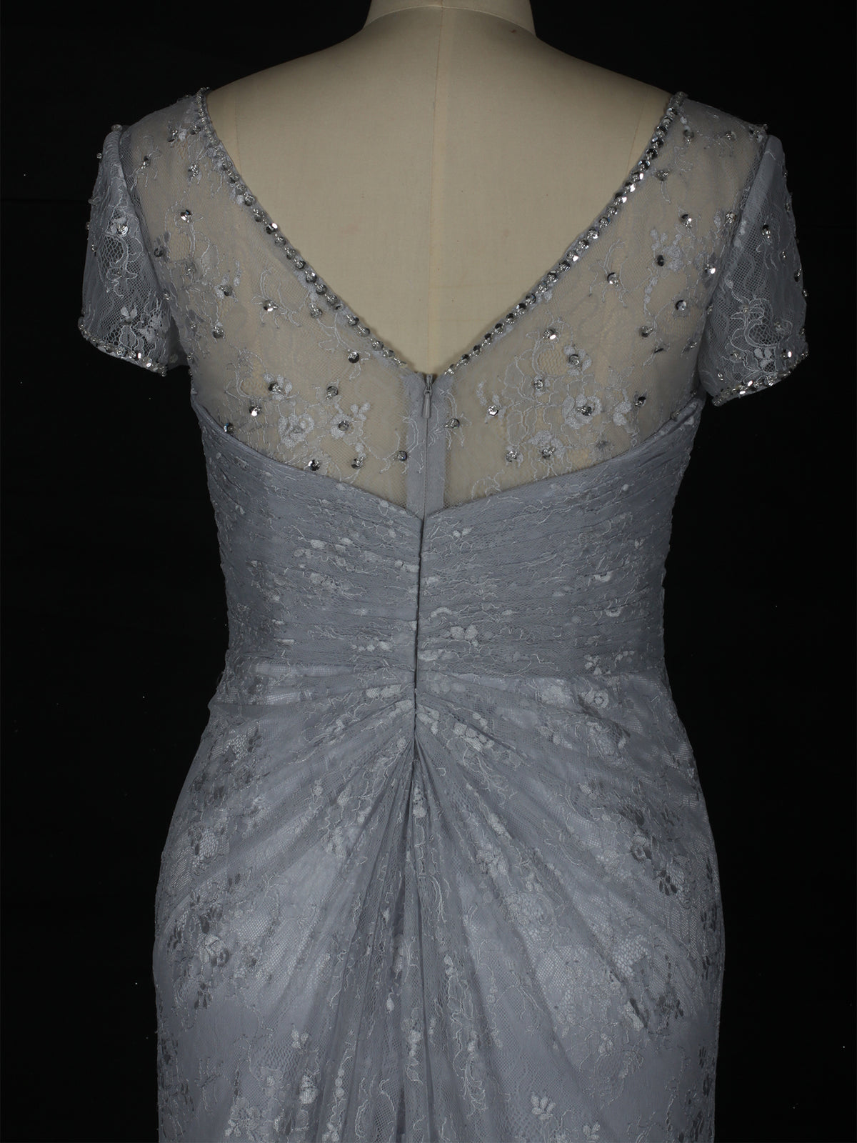 Light Gray Illusion Neckline Lace Appliques Evening Dress