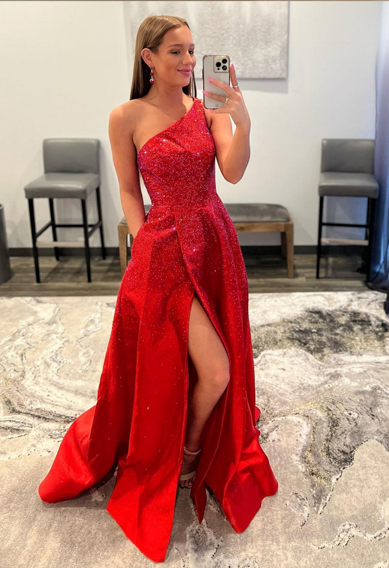 One Shoulder Slit A Line Sequin Satin Sleeveless Sweep Train Prom Dress Red