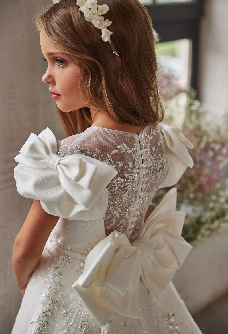 Scoop Neck Puff Sleeve Bow Sequin Princess Court Train Flower Girl Dress