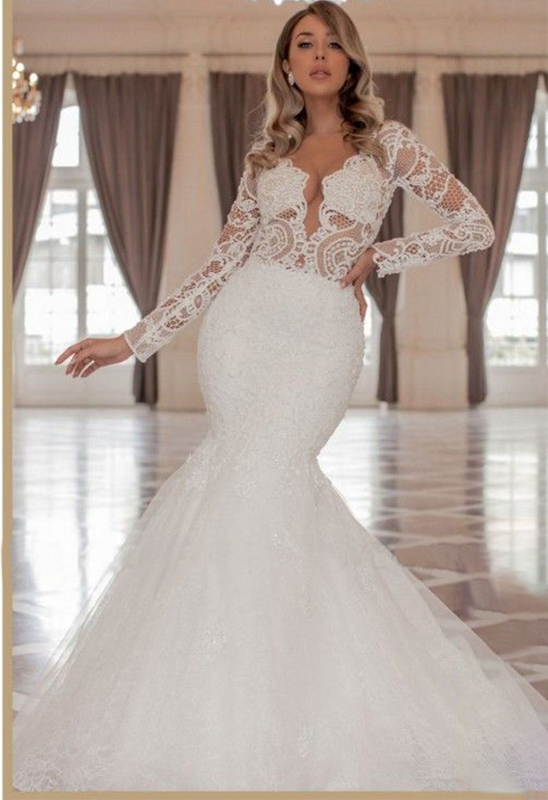 Scoop Neck Sequined Mermaid Long Sleeve Tulle Chapel Train Wedding Dress As Picture