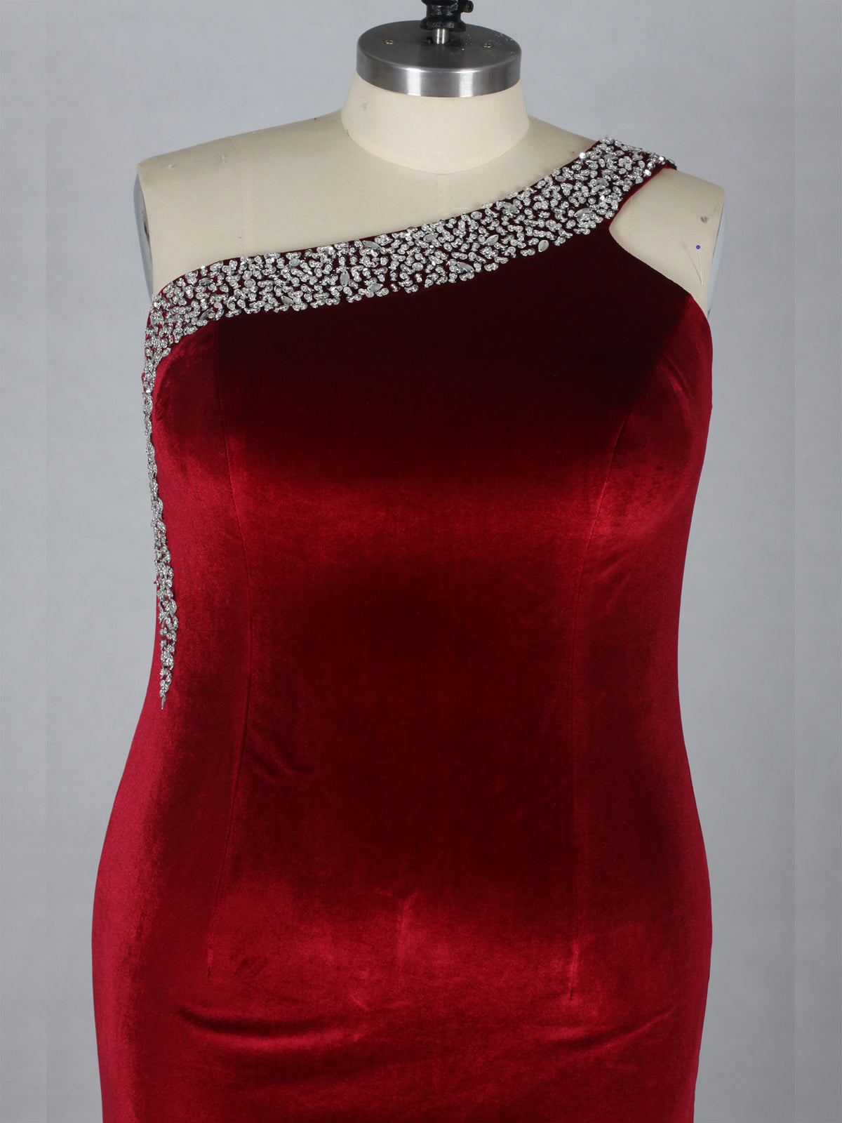 Burgundy Velvet One Shoulder Plus Size Evening Dress