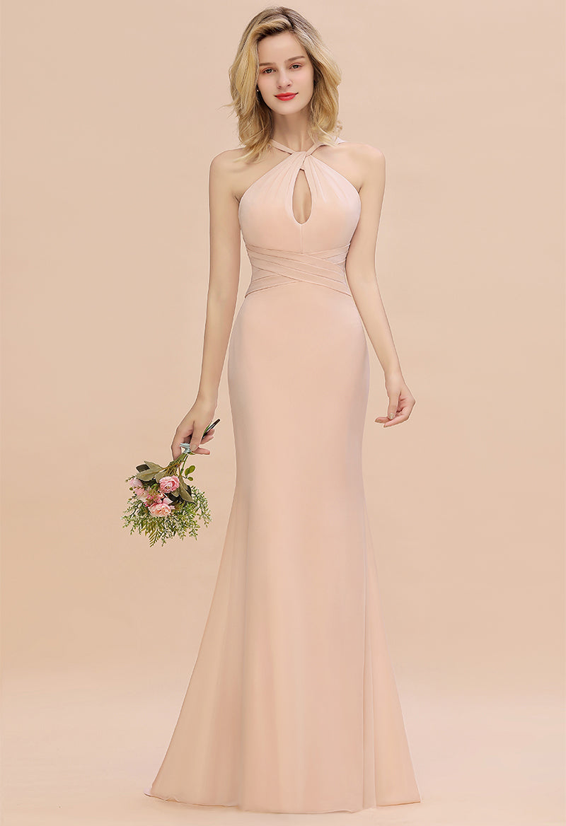 Halter Neck Sleeveless Chiffon Sheath Floor Length Bridesmaid Dress As Picture
