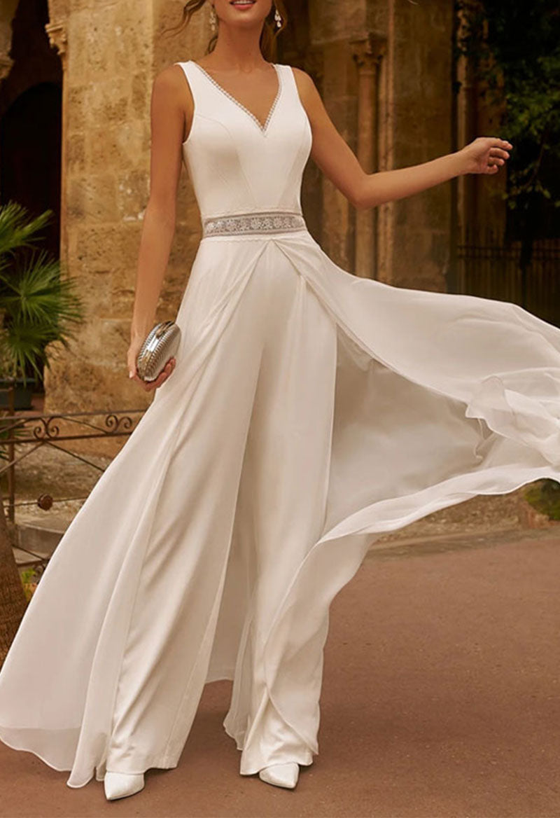 A-Line Lace Chiffon Floor-Length V-Neck Sleeveless Raised Waist Wedding Jumpsuit As Picture