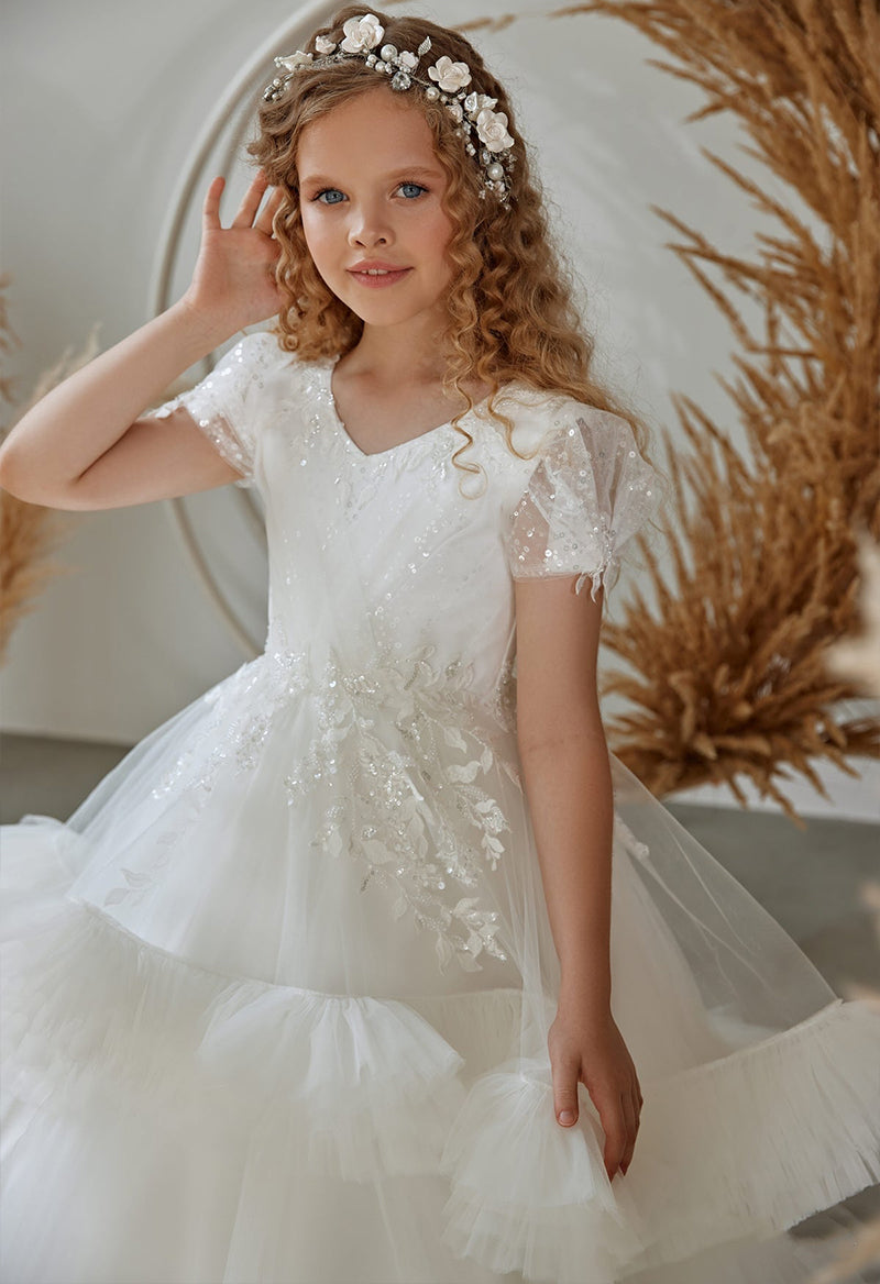 V Neck Short Sleeve Sequin Tulle Princess Floor Length Flower Girl Dress