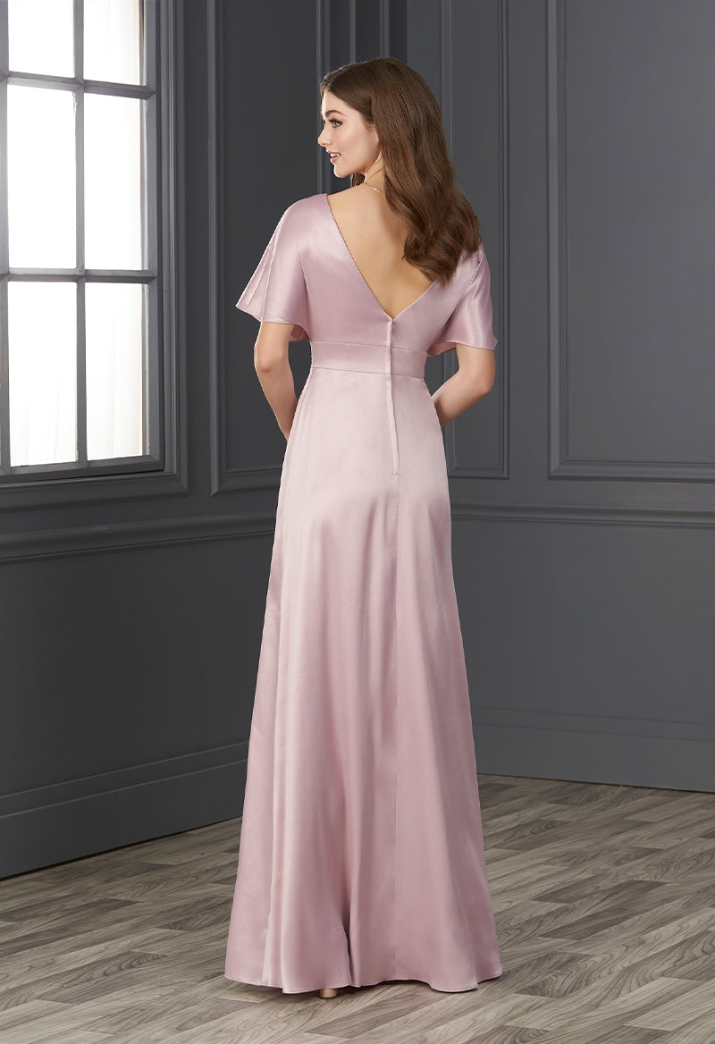 V Neck Pleated A Line Short Sleeve Slit Floor Length Bridesmaid Dress