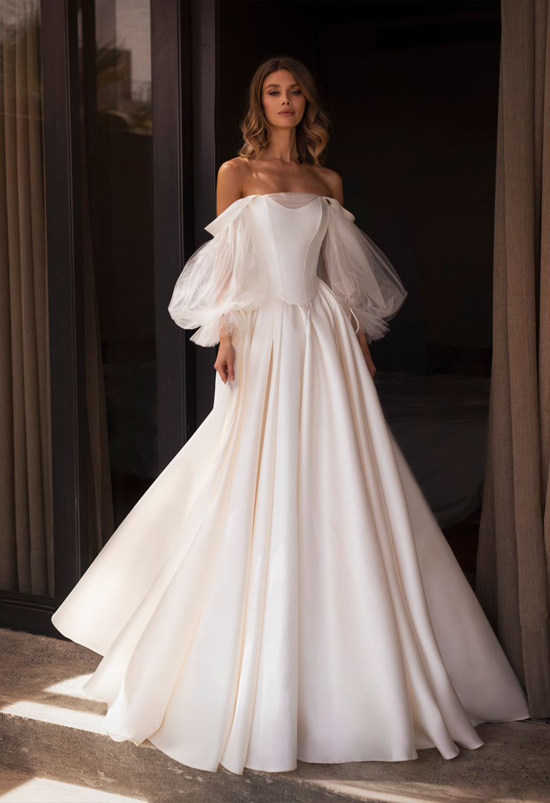 Straight Neck Puff Sleeve Satin Backless Floor Length Wedding Dress