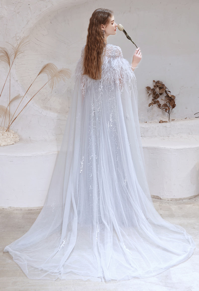 V Neck Sequined Tulle Sleeveless A Line Floor Length Evening Dress With Feather Wrap