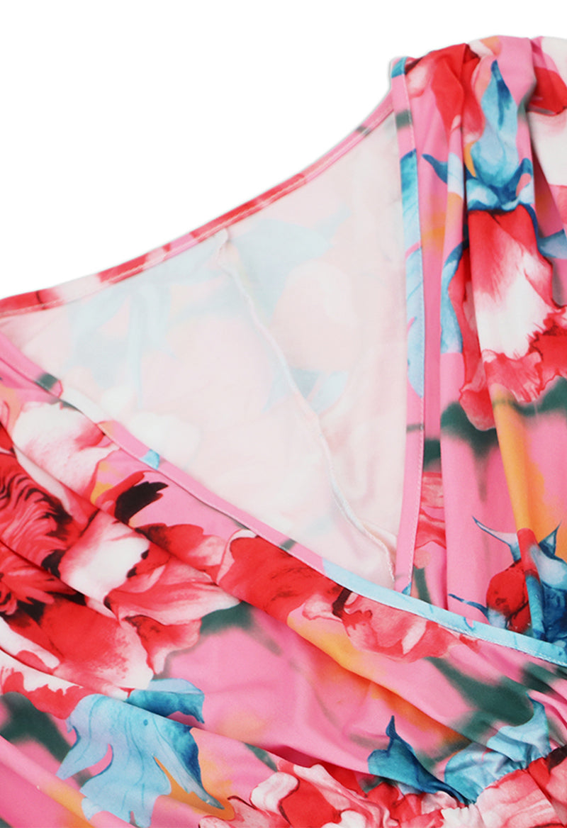 V-Neck Dolman Sleeve Floral Print Knee Length Dress