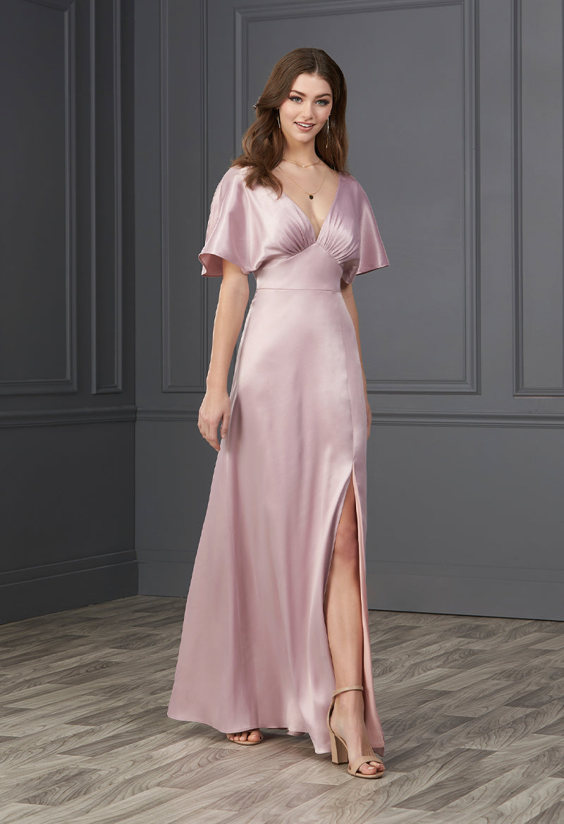 V Neck Pleated A Line Short Sleeve Slit Floor Length Bridesmaid Dress Pink