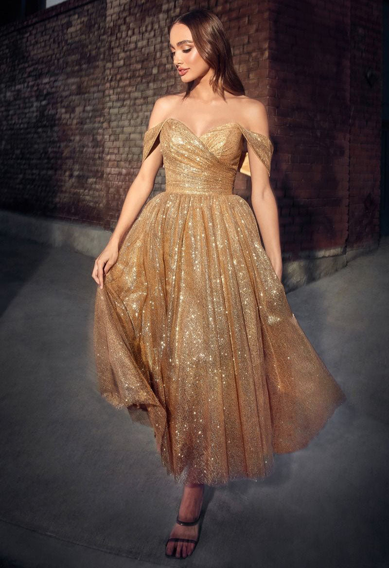 Sparkly Tulle Off The Shoulder Ankle Length A Line Prom Dress Gold
