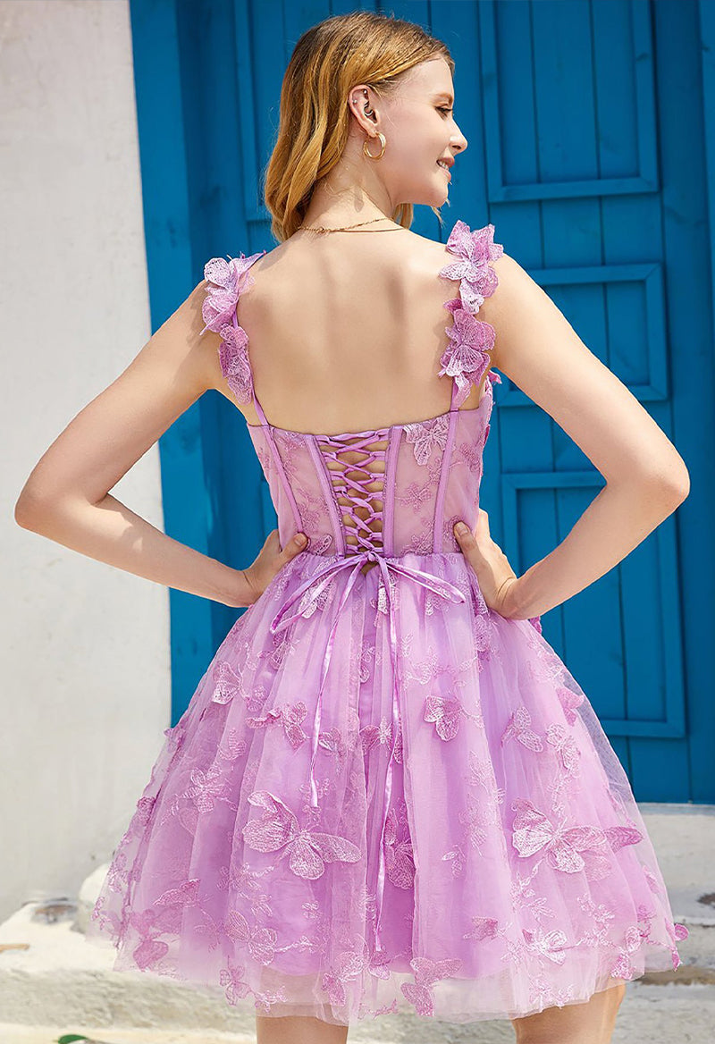 Square Neck Butterfly Tulle Sleeveless A Line Short Homecoming Dress