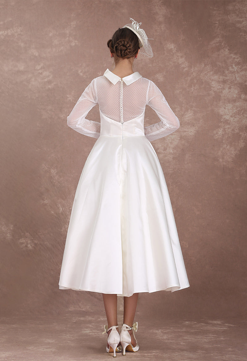 A Line Polka Dot Turtleneck Long Sleeve Tea Length Vintage Wedding Dress