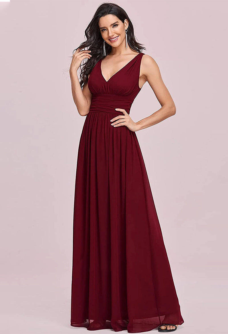 V-Neck Sleeveless Chiffon A Line Floor Length Bridesmaid Dresses Wine Red