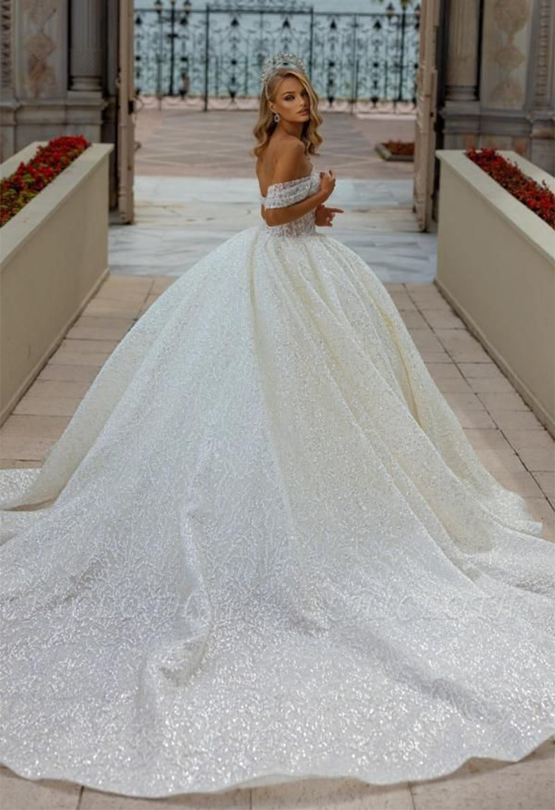 Off The Shoulder Ball Gown Sequin Short Sleeve Cathedral Train Wedding Dress