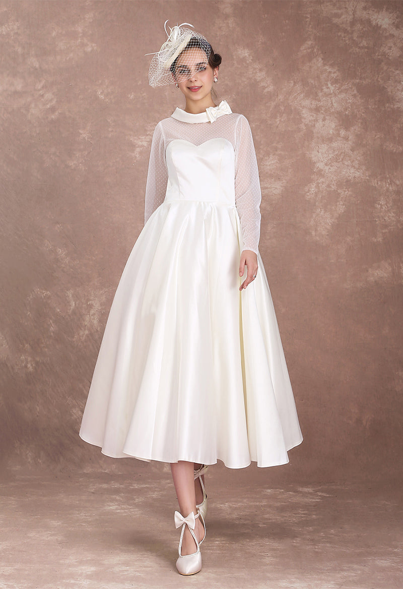 A Line Polka Dot Turtleneck Long Sleeve Tea Length Vintage Wedding Dress As Picture