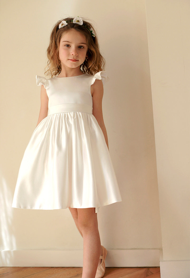 Simple Scoop Neck Satin Cap Sleeve Neck A Line Short Flower Girl Dress As Picture