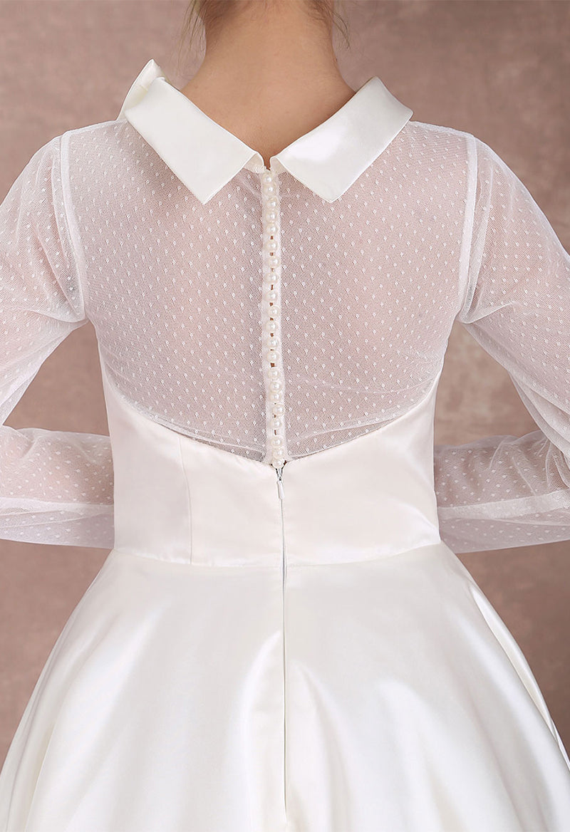 A Line Polka Dot Turtleneck Long Sleeve Tea Length Vintage Wedding Dress