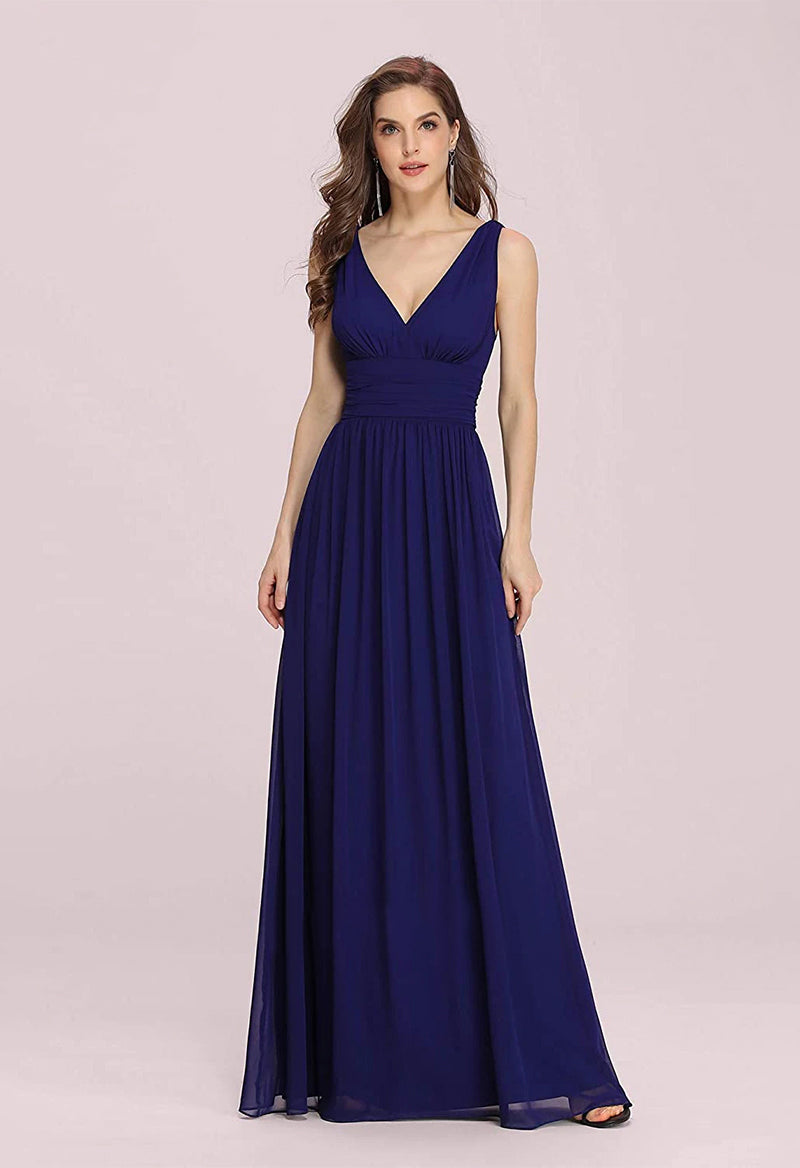 V-Neck Sleeveless Chiffon A Line Floor Length Bridesmaid Dresses Dark Blue