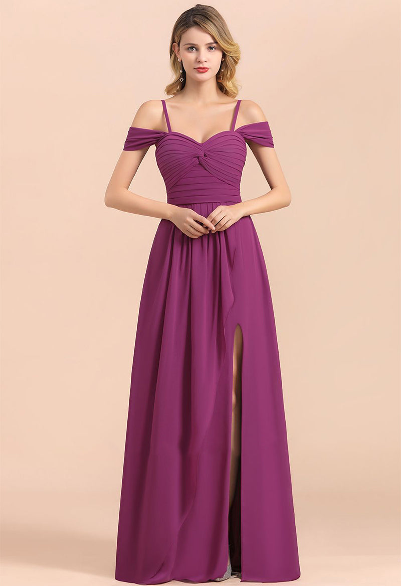 Chiffon Ruffle Slit Fake Sleeve Ruffle Straps A Line Floor Length Prom Dress As Picture