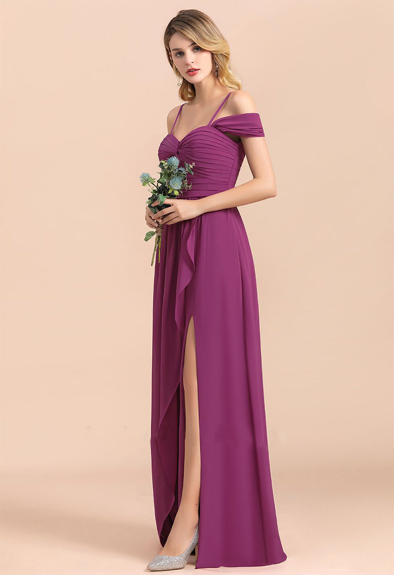 Chiffon Ruffle Slit Fake Sleeve Ruffle Straps A Line Floor Length Prom Dress