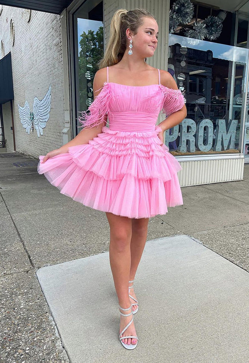 Square Neck Tulle Short Sleeve Tassel A Line Short Homecoming Dress As Picture