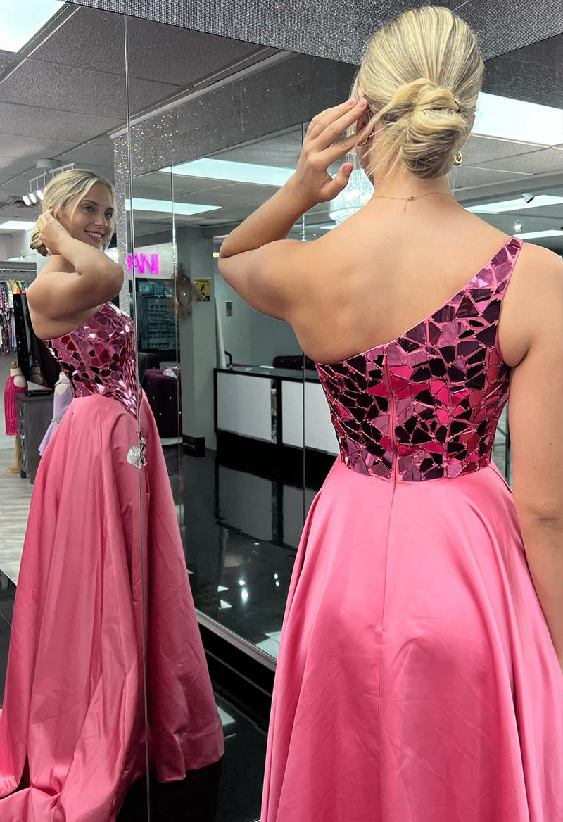 One-Shoulder Satin Sequin Slit A Line Court Train Prom Dress