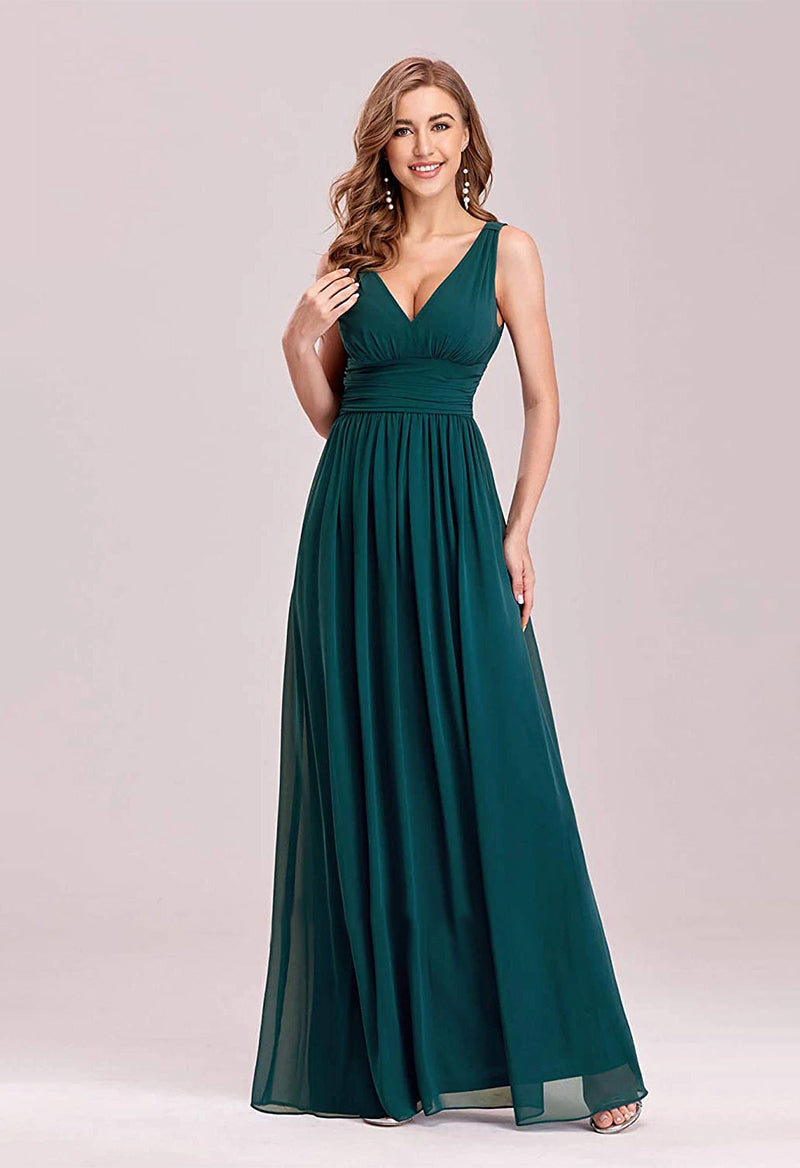 V-Neck Sleeveless Chiffon A Line Floor Length Bridesmaid Dresses Dark Green