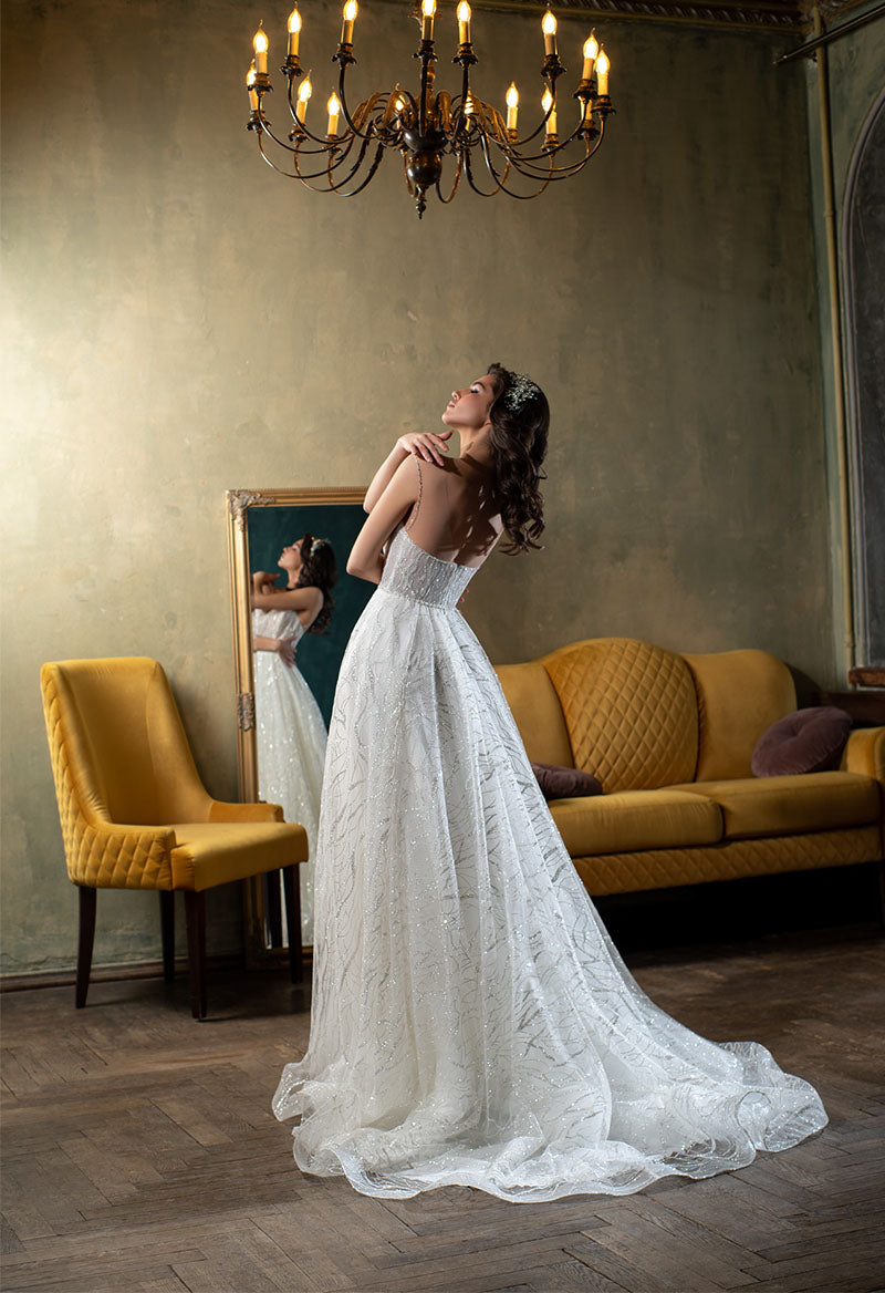 Sequin Lace Spaghetti Strap Sleeveless Jewel Neck Chapel Train Wedding Dress