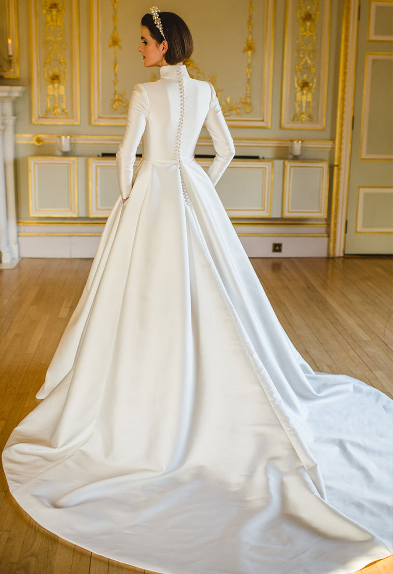 Simple High Neck Long Sleeve Satin Chapel Train Wedding Dress Pandrodressy Simple High Neck Long Sleeve Satin Chapel Train Wedding Dress Pandrodressy