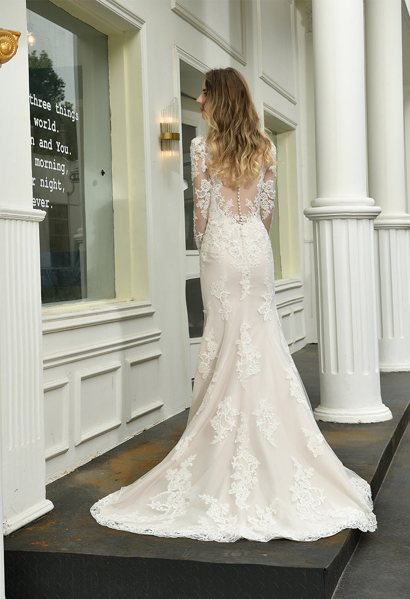 Jewel Neck Long Sleeve Slit Appliquéd Court Train Wedding Dress